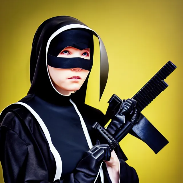 Prompt: cyber nun ninja warrior with weapons, highly detailed, 8 k, hdr, smooth, sharp focus, high resolution, award - winning photo