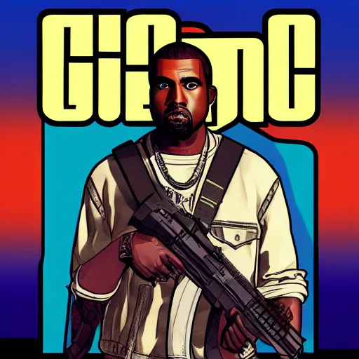 Image similar to illustration gta 5 artwork of kanye west, in the style of gta cover art, by stephen bliss