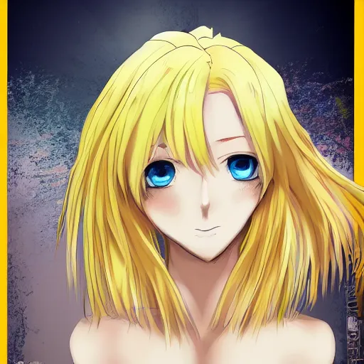 Image similar to yellow hair anime girl with blue eyes poster, 8K, extreme detailed