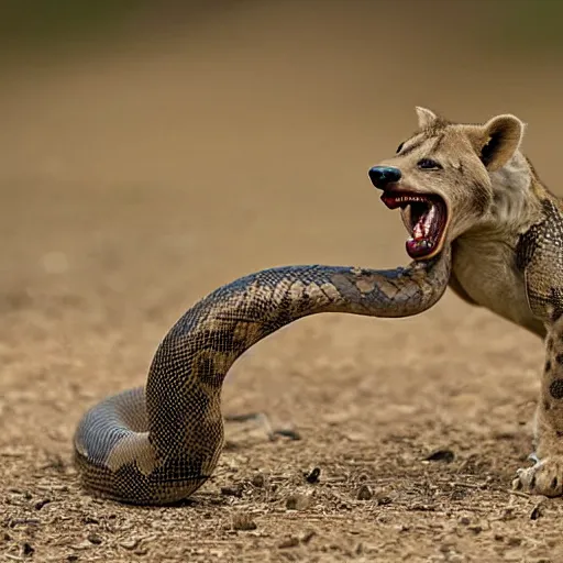 Image similar to award - winning nature photography of a snake preparing to attack a hyena