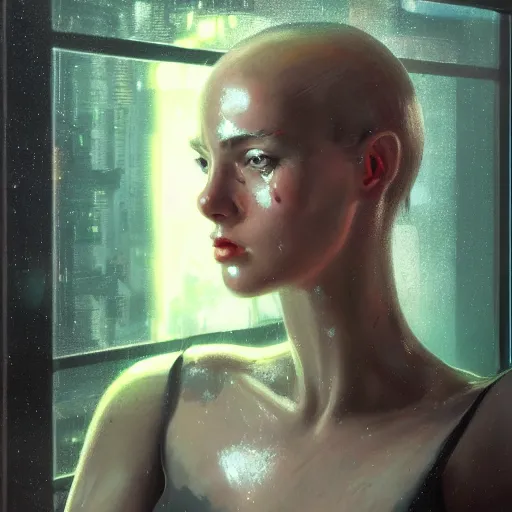 Prompt: detailed portrait of a female robot, moment, cyberpunk cloisters, electronic billboards, tech noir, wet reflections, atmospheric, ambient, livia prima, greg rutkowski, edward hopper, pj crook