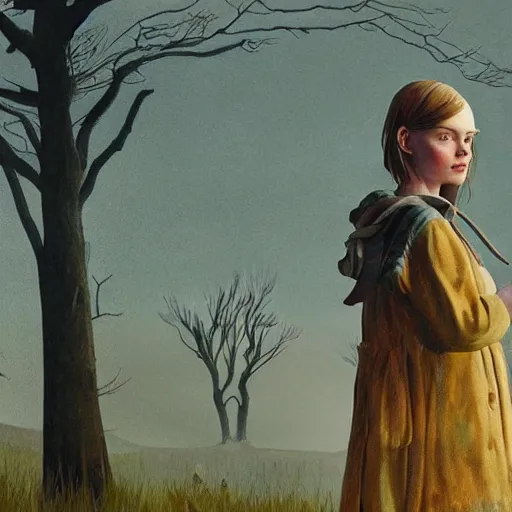 Image similar to Elle Fanning in the painted world of Life is Strange, head and shoulders masterpiece, apocalypse, golden hour, cosmic horror, artstation, in the style of Andrew Wyeth and Edward Hopper and Bosch, extremely detailed