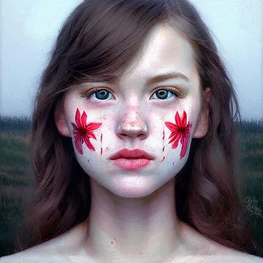 Image similar to Facial portrait of a pretty cottagecore girl, looking at the camera, slight awkward smile, lips slightly parted, no hands visible, extremely detailed painting by Greg Rutkowski and by Steve Henderson and by Harumi Hironaka