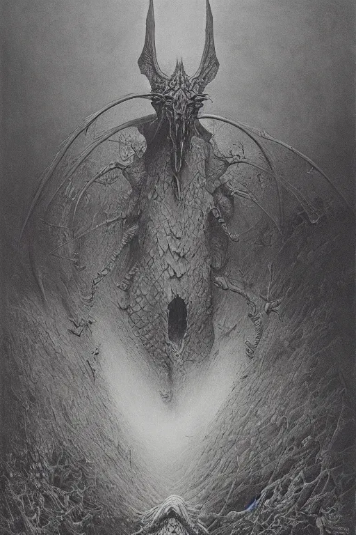 Image similar to zdzisław beksinski painting. a dragon protecting its hoard