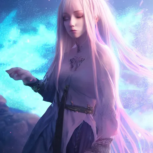 Prompt: character design, beautifull female wizard, fantasy style clothing, anime key visual, official media, illustrated by wlop, extremely detailed, 8 k, trending on artstation, cinematic lighting, beautiful, mist, photorealistic, octane render, unreal engine, hyper detailed, volumetric lighting