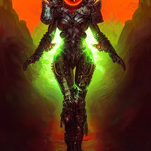 Image similar to portrait of a beautiful evil goat-woman as a paladin in full shining armor with one menacing green and orange glowing eye, oil painting, digital painting, intricate detail, vivid color, neon color, artwork by ross tran + raymond swanland, background artwork by steven outram