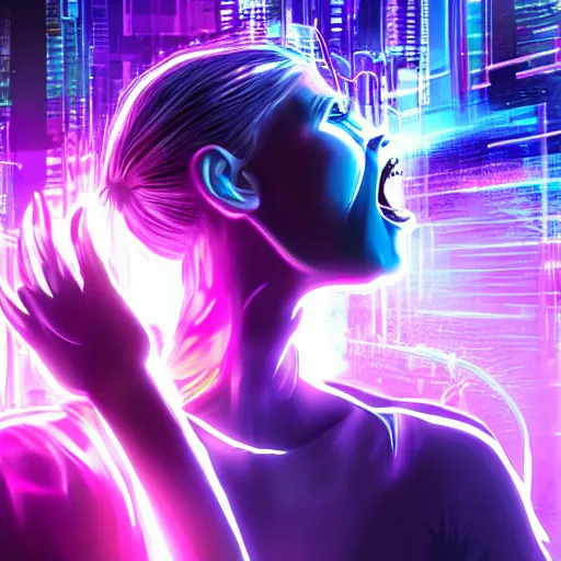 Image similar to girl screaming and holding her head while it explodes with lights and computer elements, cyberpunk, hyperdetailed, suffering, realistic, futuristic, cybernetic, character concept art, blue and violet color scheme