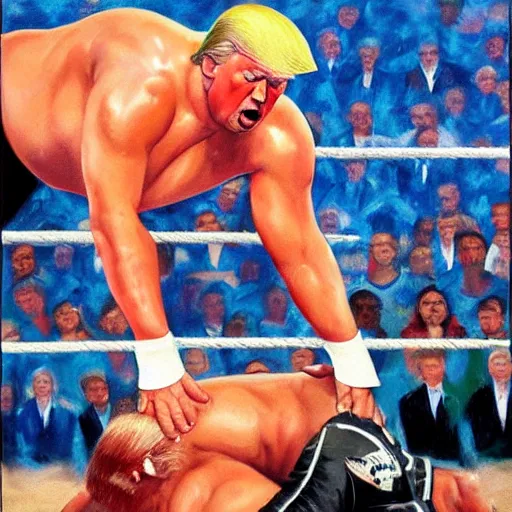 Prompt: Oil painting of buff Donald Trump wrestling in the WWF