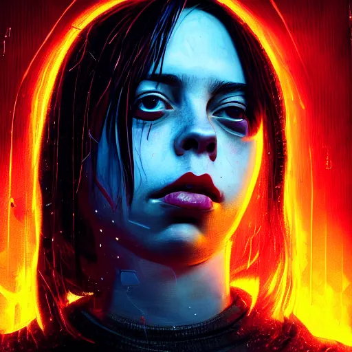 Image similar to Billie Eilish bleeding out of her eyes, cyberpunk, surrounded by smoke, award-winning art, hyperrealistic, by Sam Spratt, by Vlad Rodrig﻿u﻿e﻿z, trending on Artstation, dark, dramatic, cinematic, realistic studio lighting, raytracing, 4k, professional, canon