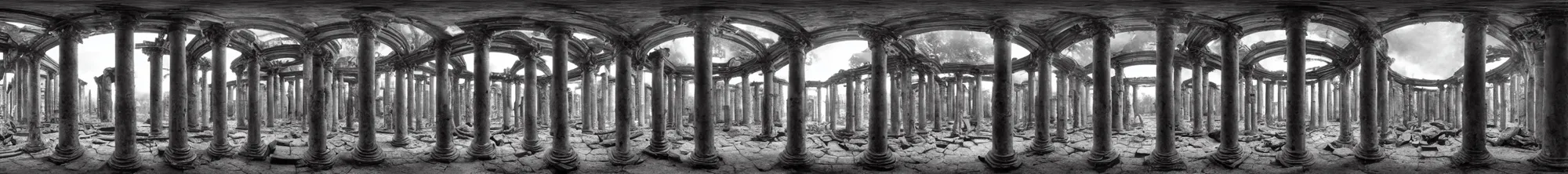 Image similar to photo of an immersive forgotten panopticon well, with columns and destroyed cybernetics from an ancient civilization, photorealistic, higly detailed dark, 3 6 0 picture, panorama, 3 5 mm slide, trending on flickr, in the style of francesca woodman, zachary corzine, zhelong xu, greg rutkowski and anders zorn