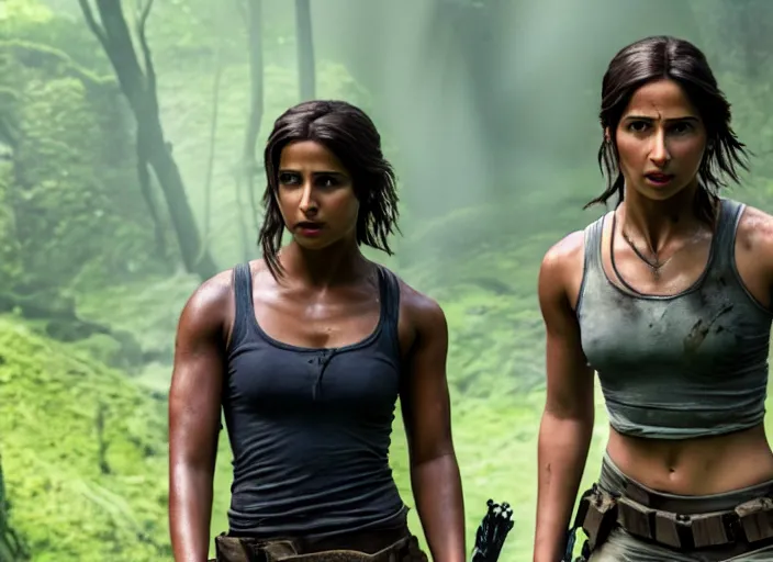 Image similar to film still of!!!! naomi scott!!! as lara croft in new tomb raider movie, 8 k