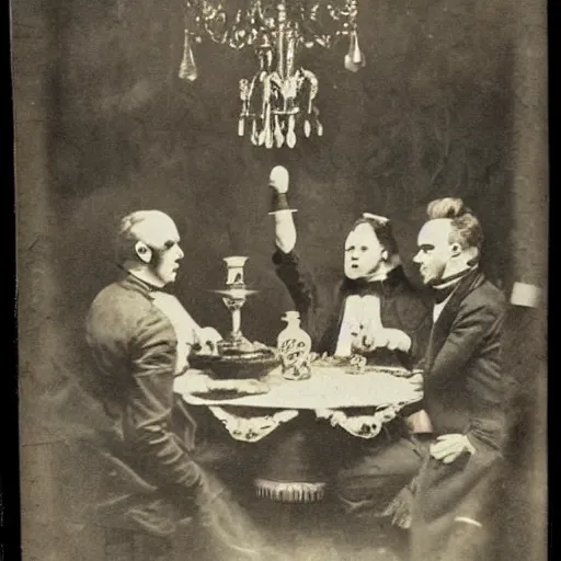 Prompt: demons tea party, antique photo, victorian era, cinematic lighting,