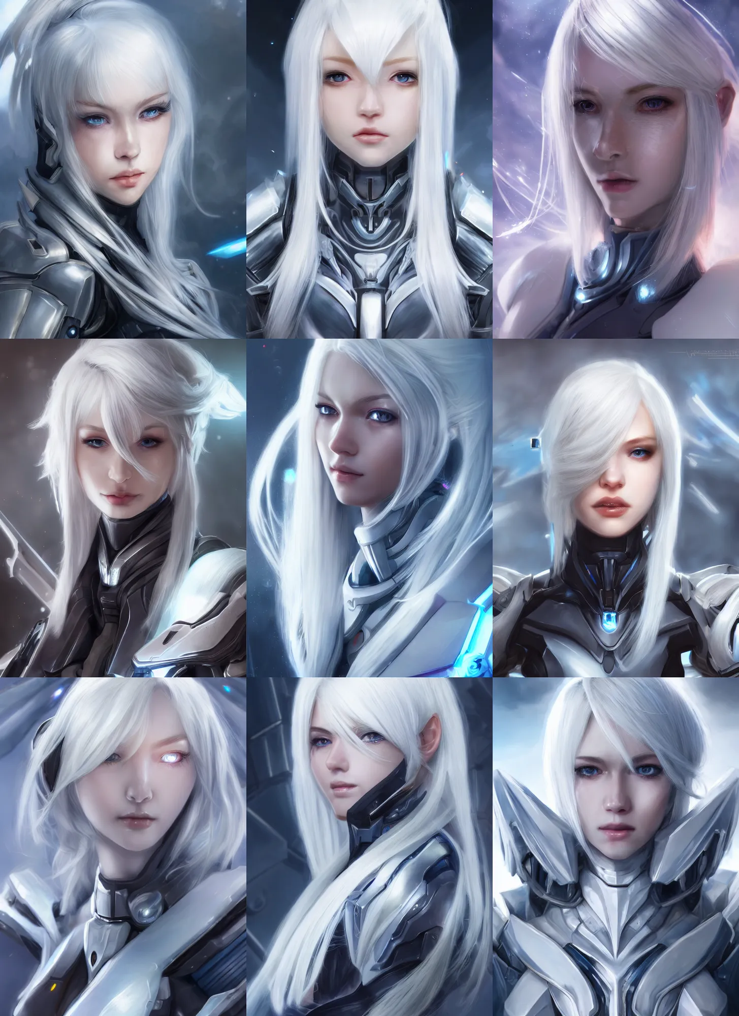 Prompt: detailed portrait of perfect white haired girl, android, warframe armor, beautiful, pretty face, blue cyborg eyes, innocent, scifi, 4 k, sun yunjoo, ultra realistic, aura of light, cinematic lighting, highly detailed, sharp focus, artstation, masterpiece, art by hyungjin yang and akihito tsukushi