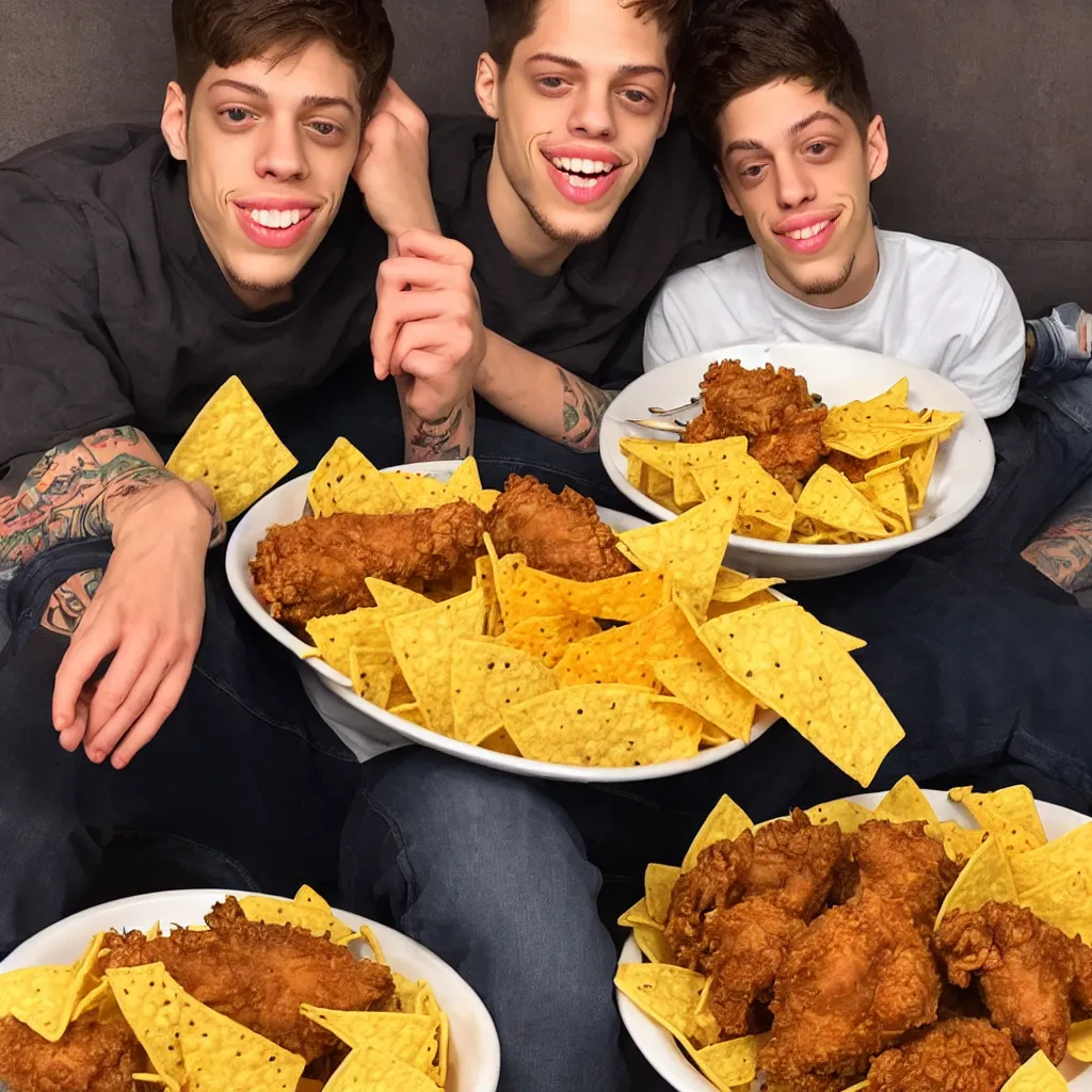 Image similar to pete davidson sitting in a bowl of nice fried chicken and nachos