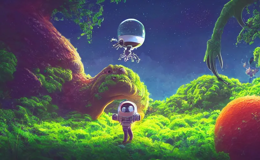 Image similar to a still of a cute adorable tiny astronaut, on a planet of lush colorful foliage, with an enormous kaiju space dragon surrounding the full background, magical forest, sharp focus, neon backlit, highly detailed, disney pixar studio ghibli makoto shinkai, digital painting, matte, octane render, global illumination, iridescent, anime, 8 k concept art