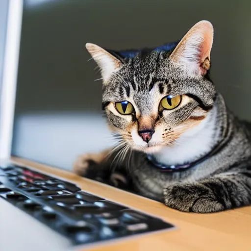 Image similar to an anthropomorphic cat looking up cat videos on a computer using mouse with paw, 85mm f1.8