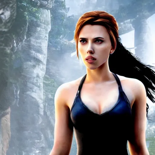 Image similar to elegant Scarlett Johansson as tomb raider