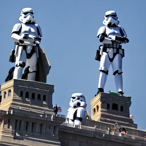 Image similar to storm troopers standing on top of the statue liberty in new york