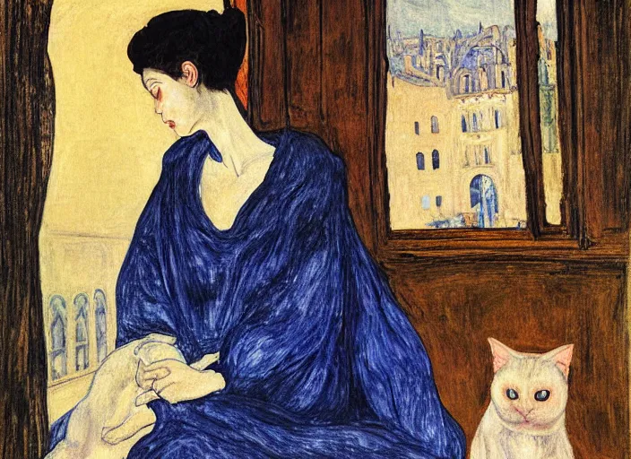 Image similar to close portrait of woman in night gown with cat, with city with gothic cathedral seen from a window frame with curtains. thunderstorm, deep indigo. caravaggio, egon schiele, bonnard, henri de toulouse - lautrec, utamaro, monet - h 7 0 4