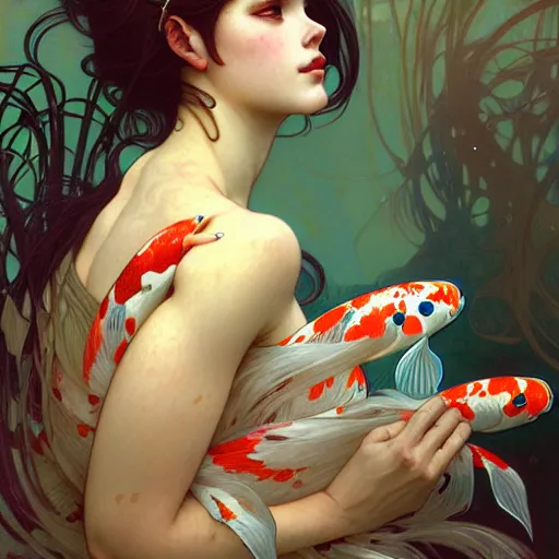 Image similar to Portrait of a girl surrounded by Koi fish, face, fantasy, intricate, elegant, highly detailed, digital painting, artstation, concept art, smooth, sharp focus, illustration, art by Krenz Cushart and Artem Demura and alphonse mucha