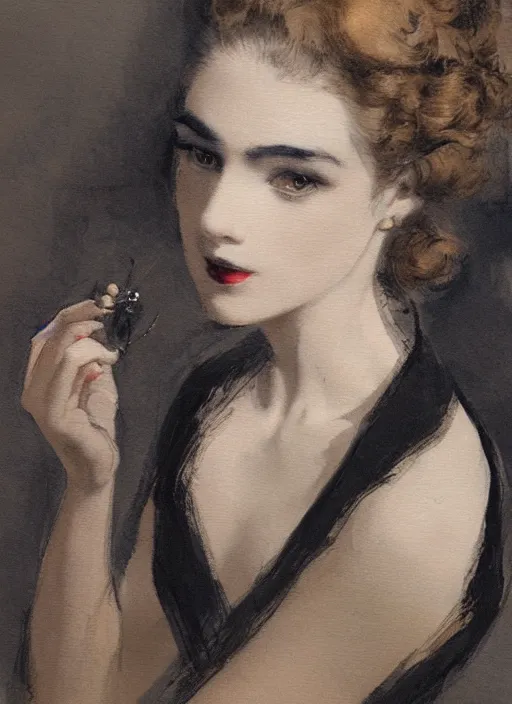 Image similar to a painting of a woman by Louis Icart, highly detailed, masterpiece, trending on ArtStation, ultra realistic