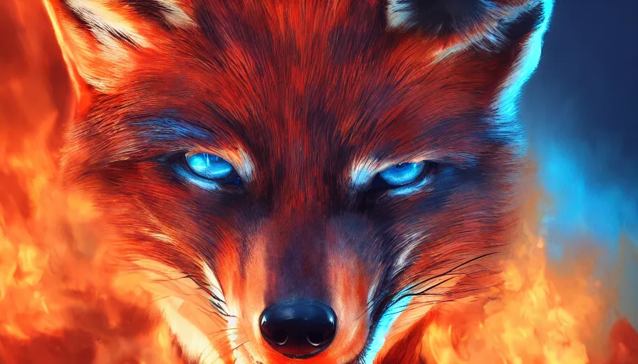 Prompt: fox on fire with wings and blue eyes, hyperdetailed, artstation, cgsociety, 8 k