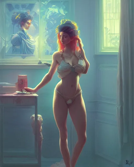 Image similar to emily rajtkowski, posing, vaporwave, bedroom, highly detailed, digital painting, artstation, concept art, smooth, sharp focus, illustration, art by artgerm and greg rutkowski and alphonse mucha