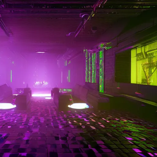 Prompt: dark cyberpunk nightclub, hyperrealistic, volumetric lighting, highly detailed, featured on artstation