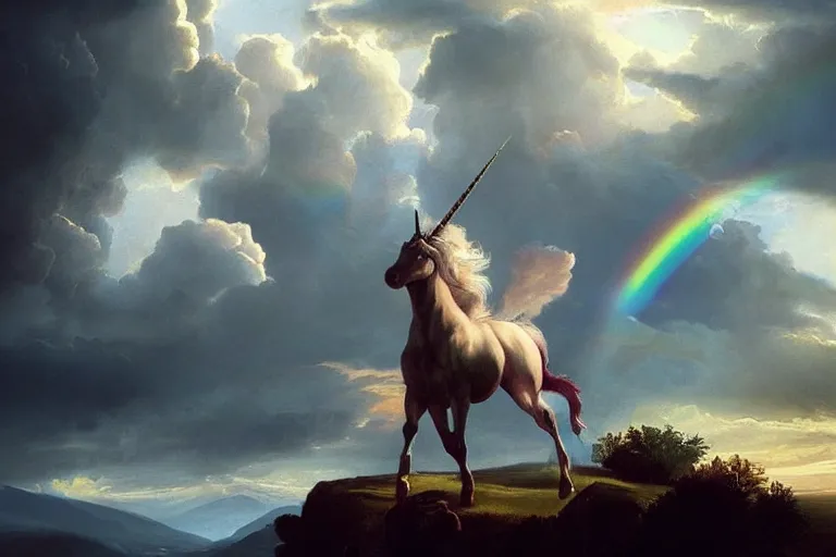 Image similar to a unicorn in the style of Caravaggio, walking across a rainbow. Beautiful clouds, highly detailed. Greg Rutkowski, digital art. Trending on artstation. Dramatic composition and beautiful light.