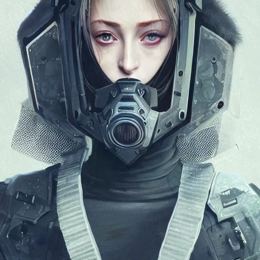 Image similar to sophie turner, streetwear techwear cyberpunk style outfit, parial mask, detailed portrait, intricate complexity, by greg rutkowski, cushart krentz, artgerm, ross tran, conrad roset, takato yomamoto, ilya kuvshinov. 4 k, beautiful, cinematic dramatic atmosphere, portrait lighting