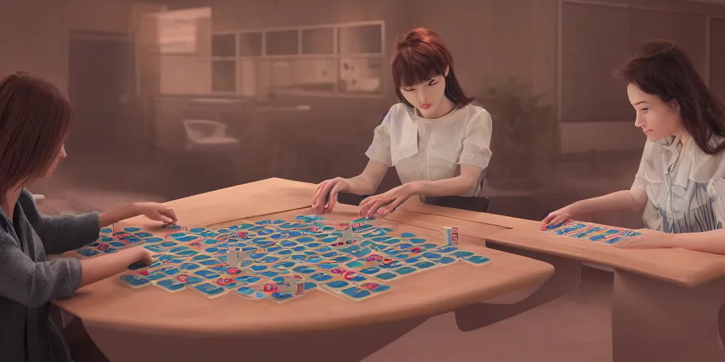Prompt: mathematician playing mahjong against a female robot, [ photorealistic, octane render, 8 k, photography, intimate ]