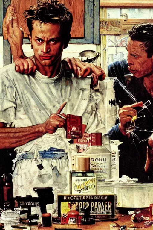 Image similar to Tyler Durden making soap painted by Norman Rockwell