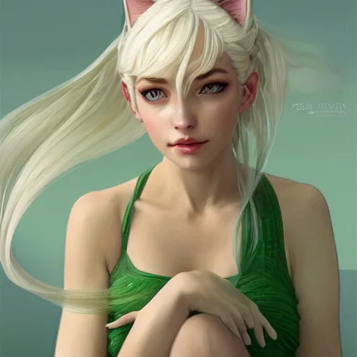 Image similar to ultra realistic illustration, dream girl with white hair, with light green eyes, with cat ears, in a sundress, intricate, elegant, highly detailed, digital painting, artstation, concept art, smooth, sharp focus, illustration, art by artgerm and greg rutkowski and alphonse mucha