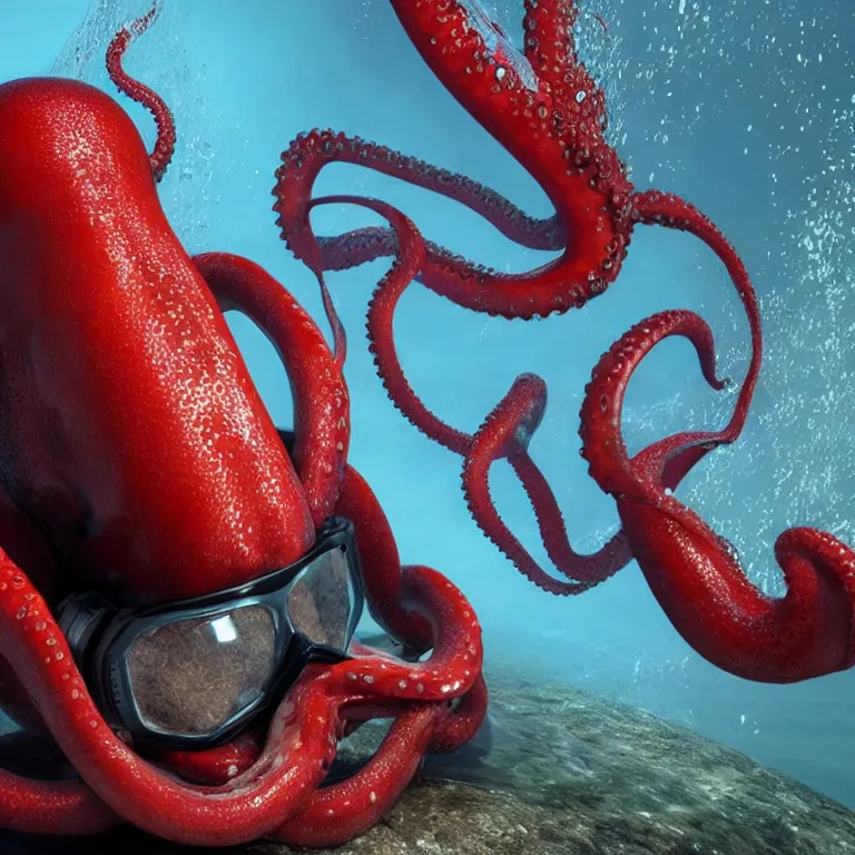 Image similar to octane render portrait by wayne barlow and carlo crivelli and glenn fabry, subject is a man in a wet suit with goggles with giant open mouth full of long red octopus tentacles, cinema 4 d, ray traced lighting, very short depth of field, bokeh