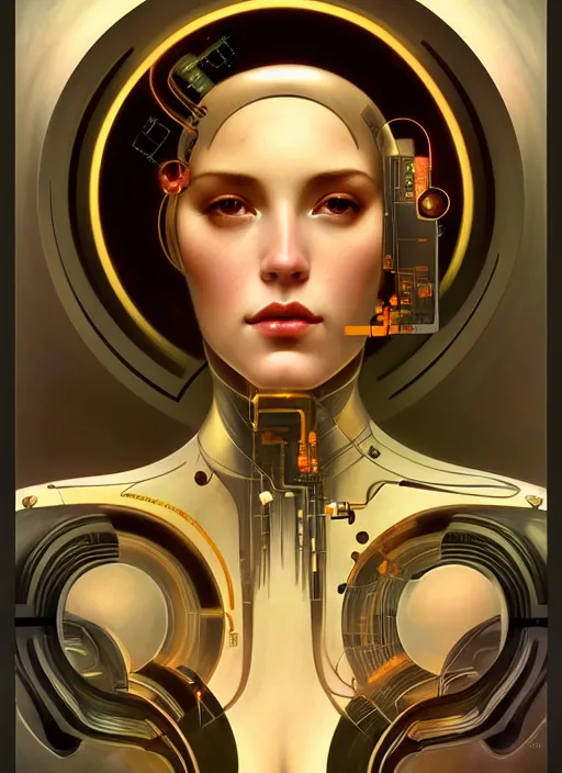 Prompt: portrait of a beautiful female android, coy, circuitry visible in head, in the style of ex machina, digital painting, karol bak, alphonse mucha, gil elvgren, award winning, hr giger, artstation, 8 k