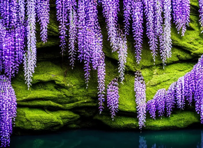 Image similar to long shot of a tiny wisteria tree on an island in a river in an underground cave. fantasy magic style. highly detailed 8 k. intricate. lifelike. epic. movie poster. soft light. sony a 7 r iv 5 5 mm. cinematic post - processing