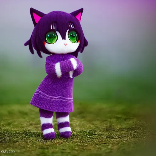 Prompt: cute fumo plush of a cat girl in a purple and green checkerboard woolen sweater, anime girl, vray