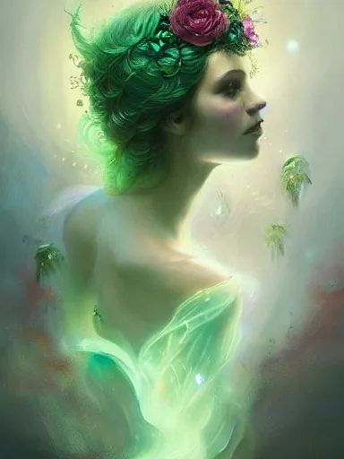 Prompt: green tree goddess ; by james jean, charlie bowater, tom bagshaw, nikolay makovsky, melanie delon : : enchanting, ethereal, magical, glowing, sparkle, iridescent, flowerpunk, portrait, character design, illustration, hyperrealism, photorealism, digital art, concept art, dark fantasy, whimsy, weta, wlop, artstation