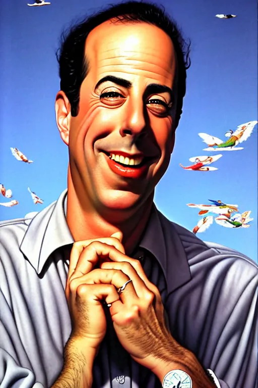 Image similar to portrait of jerry seinfeld by gil elvgren and norman rockwell and rob gonsalves and hajime sorayama, hyperrealistic, high detail, ultra detailed, highly detailed face