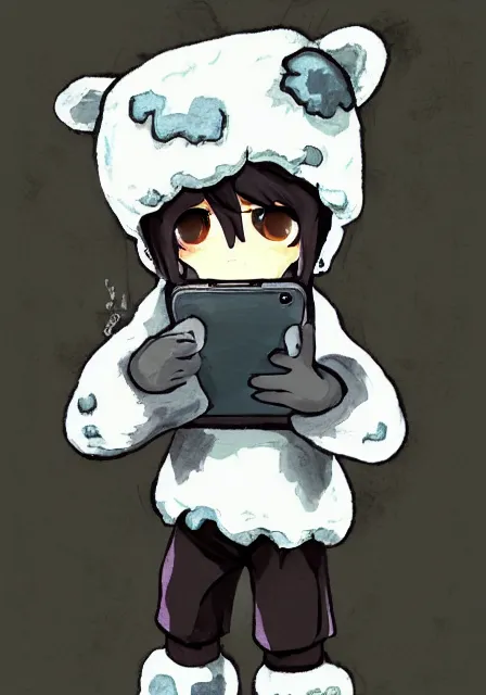 Prompt: little boy wearing sheep suit using a smartphone, gray, blue, green and brown pallet color. made in abyss art style, inspired in kris from deltarrune, cute detailed artwork, anatomically correct, soft details