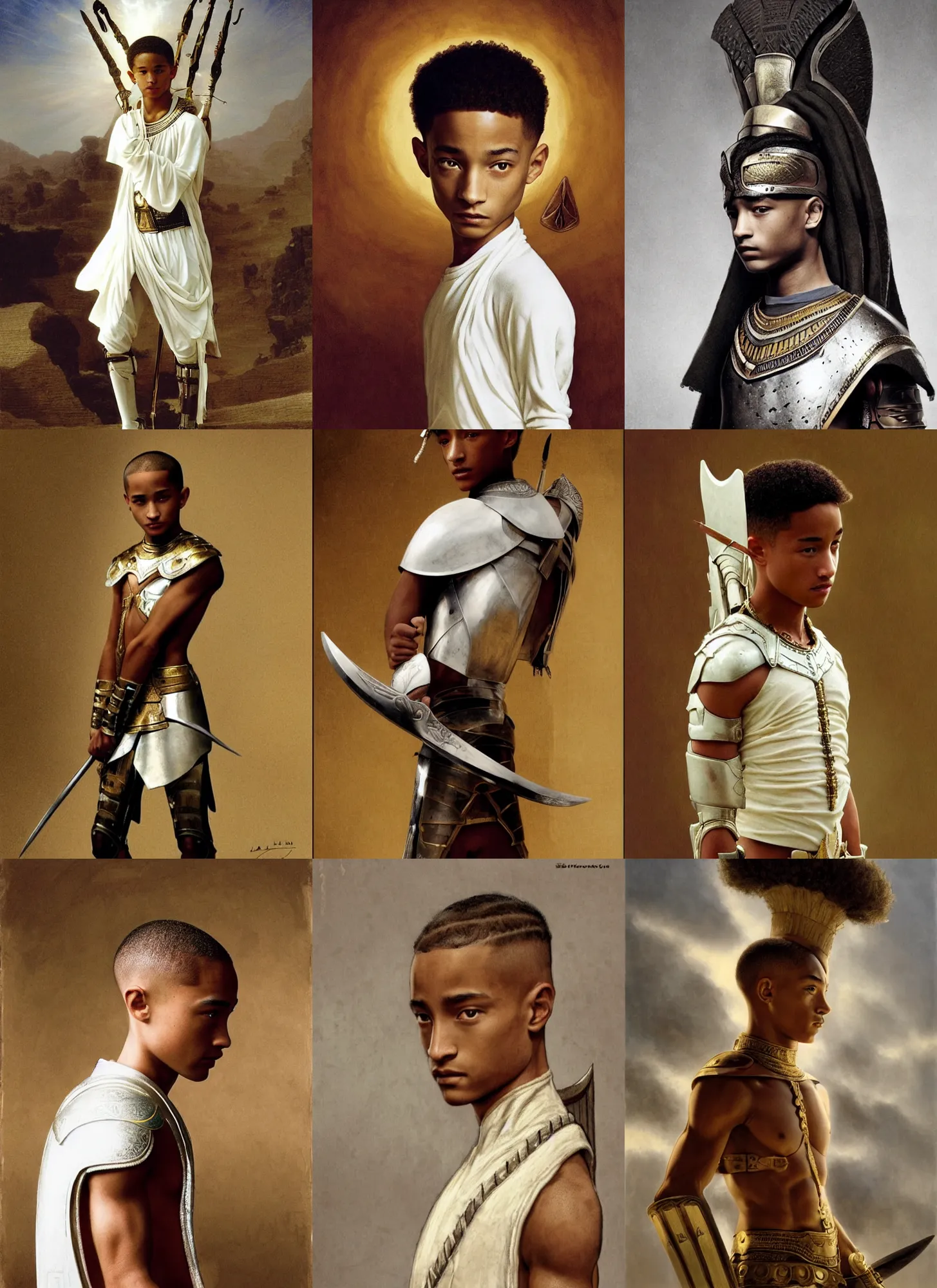 Prompt: jaden smith as young egyptian warrior, shaved head, white armor, intricate, sharp focus, illustration, orientalism, bouguereau, rutkowski, jurgens