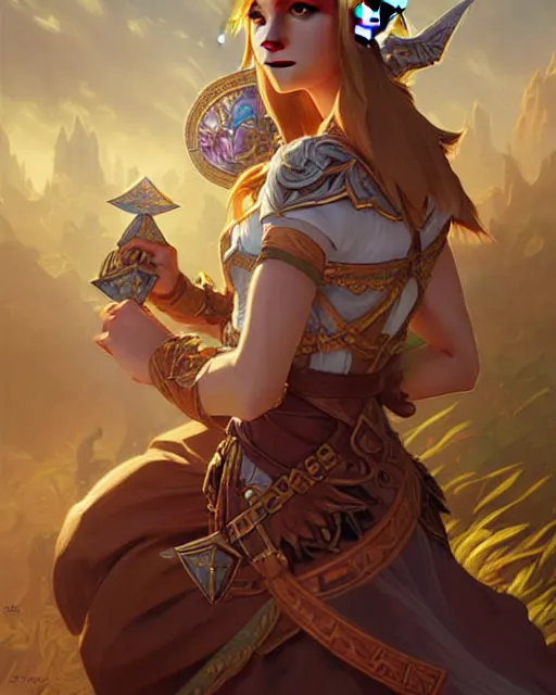 Image similar to legend of Zelda, D&D, fantasy, intricate, elegant, highly detailed, digital painting, artstation, concept art, matte, sharp focus, illustration, hearthstone, art by Artgerm and Greg Rutkowski and Alphonse Mucha