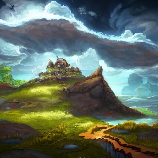 Prompt: an island floating in the sky, clouds background, hearthstone coloring style, epic fantasy style art, fantasy epic digital art, epic fantasy card game art