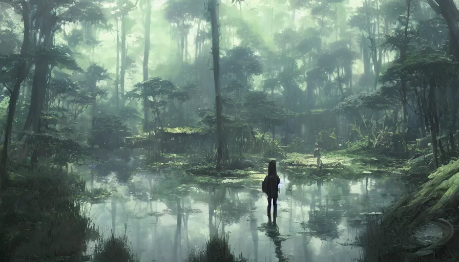 Prompt: a swampy environment, trending on pixiv fanbox, painted by greg rutkowski makoto shinkai takashi takeuchi studio ghibli