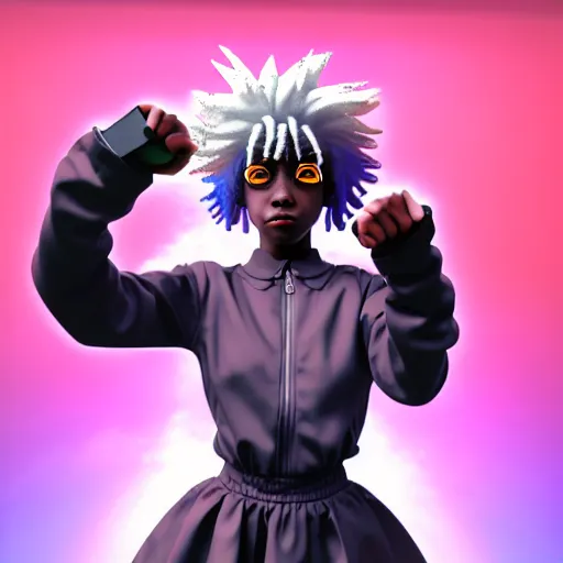 Image similar to portrait of black anime manga girl, throwing punch pose towards camera, french bob hair, white hair, by gustave dore, vaporwave colors, lofi colors, vaporwave, lofi, goth vibe, 4 k, smooth, hd, substance designer render, full body character concept art, 2 point lighting,