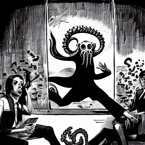 Image similar to Cthulhu as a modern day business man with a family and a drug and gambling addiction, necronomicon is the family Bible , Junji Ito and Greg rutkowski, psychedelic , 50s style infomercial , award winning , retro futuristic