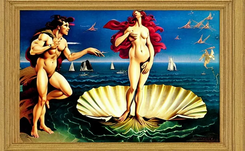 Image similar to the birth of venus, frank frazetta style art, dramatic, fantasy art, dynamic lighting