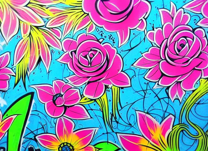 Image similar to beautiful flowers, graffiti stencil illustration, intricate detail, vivid pastel colors, clean lines