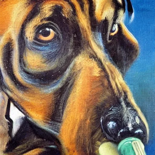 Prompt: oil painting by salvador dali of a rottweiler smoking a cigarette