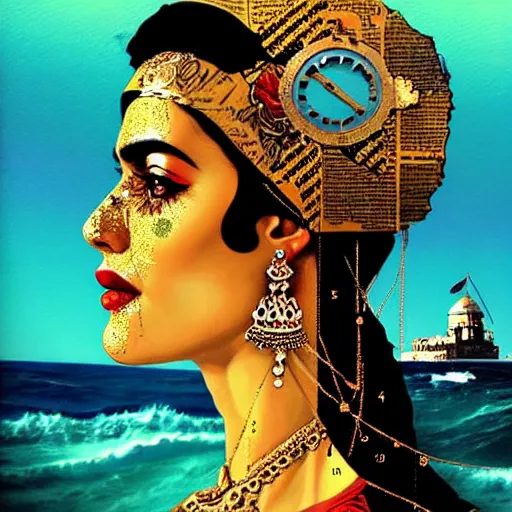 Image similar to portrait of pakistani woman :: side profile :: in ocean :: clockwork details :: gold :: blood and horror :: by vikings and Sandra Chevrier